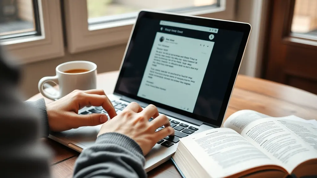 Mãos digitando em laptop com café ao lado, luz natural suave, transmitindo tom humano e consultivo em automação de nutrição de leads.