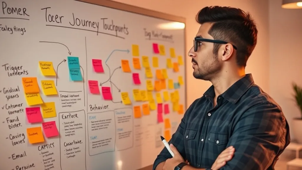 Profissional de marketing em frente a um quadro branco com post-its e fluxogramas, mapeando micro-momentos e gatilhos comportamentais para automação.