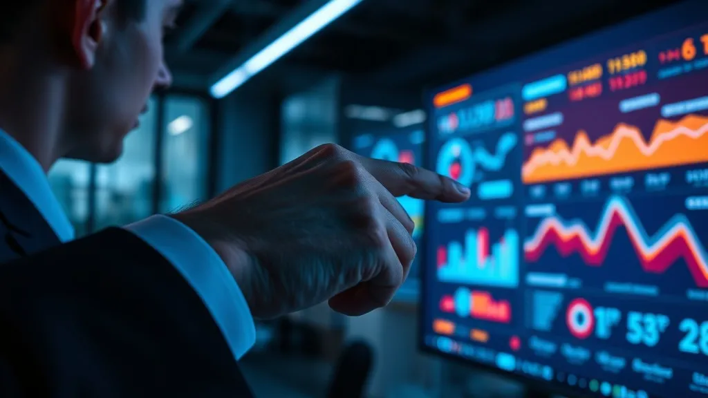 Profissional apontando para dashboard digital dinâmico com alertas visuais em escritório moderno