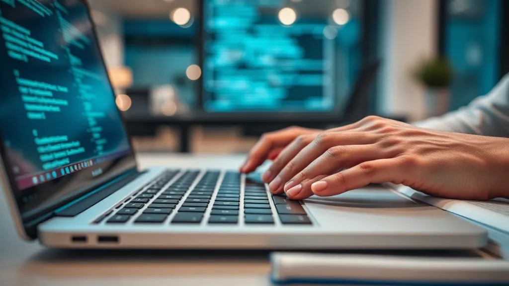 Mãos digitando em notebook com reflexos de código e dados na tela, transmitindo automação e precisão tecnológica