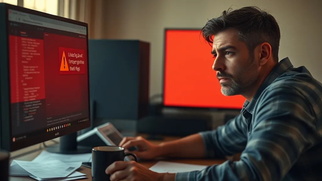 Desenvolvedor frustrado olhando para tela de computador com ícone de erro, representando falha silenciosa no mapeamento de campos de integração de API