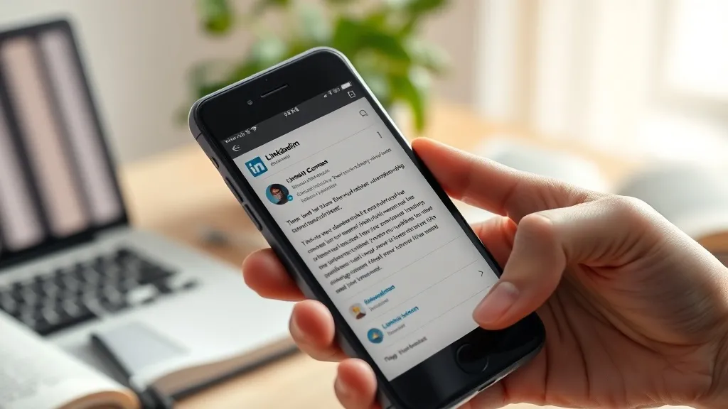 Mão segurando smartphone com notificação de comentário relevante em post no LinkedIn, representando engajamento genuíno