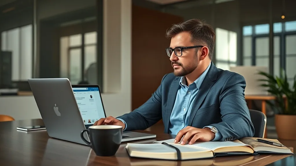 Profissional de vendas B2B analisando perfil no LinkedIn com foco e estratégia, em ambiente de trabalho moderno